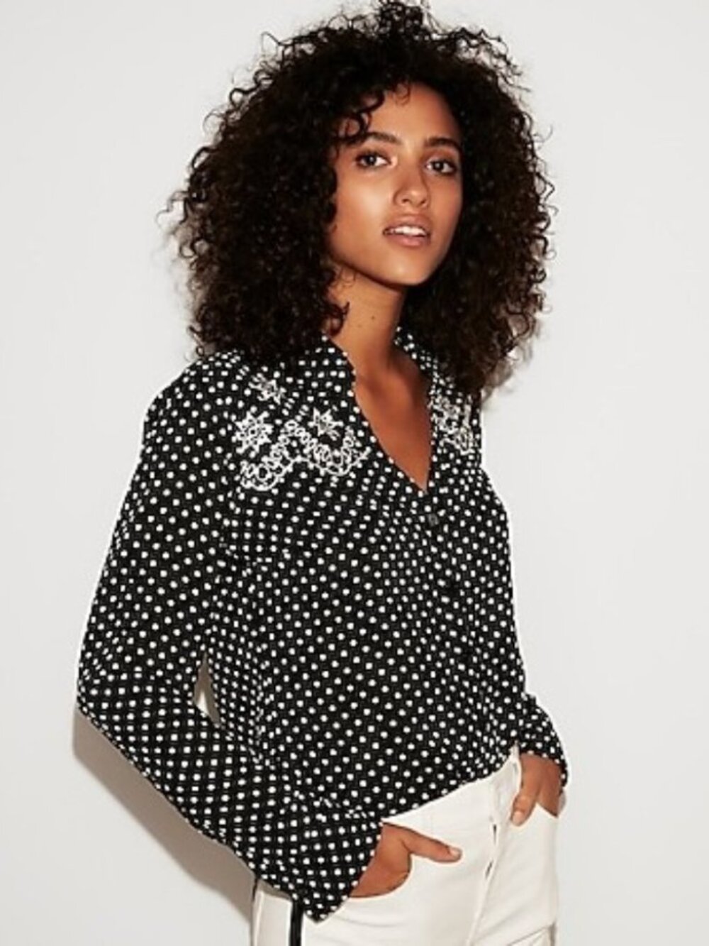 NWT Express Portofino Slim Fit Embroidered Polka Dot Shirt Black White XS